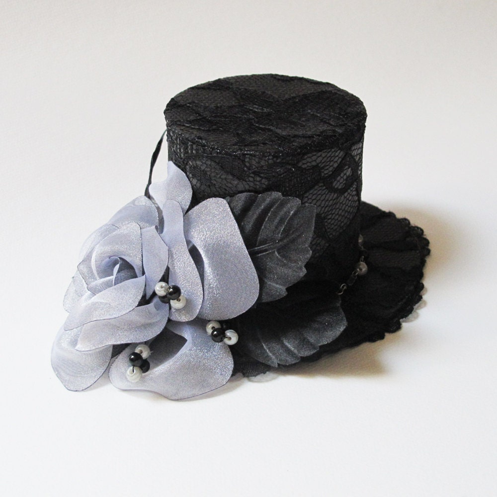 Black Mini Top Hat Lace Covered with Flower Burlesque Photography Prop Tea Party Special Occasion Accessory