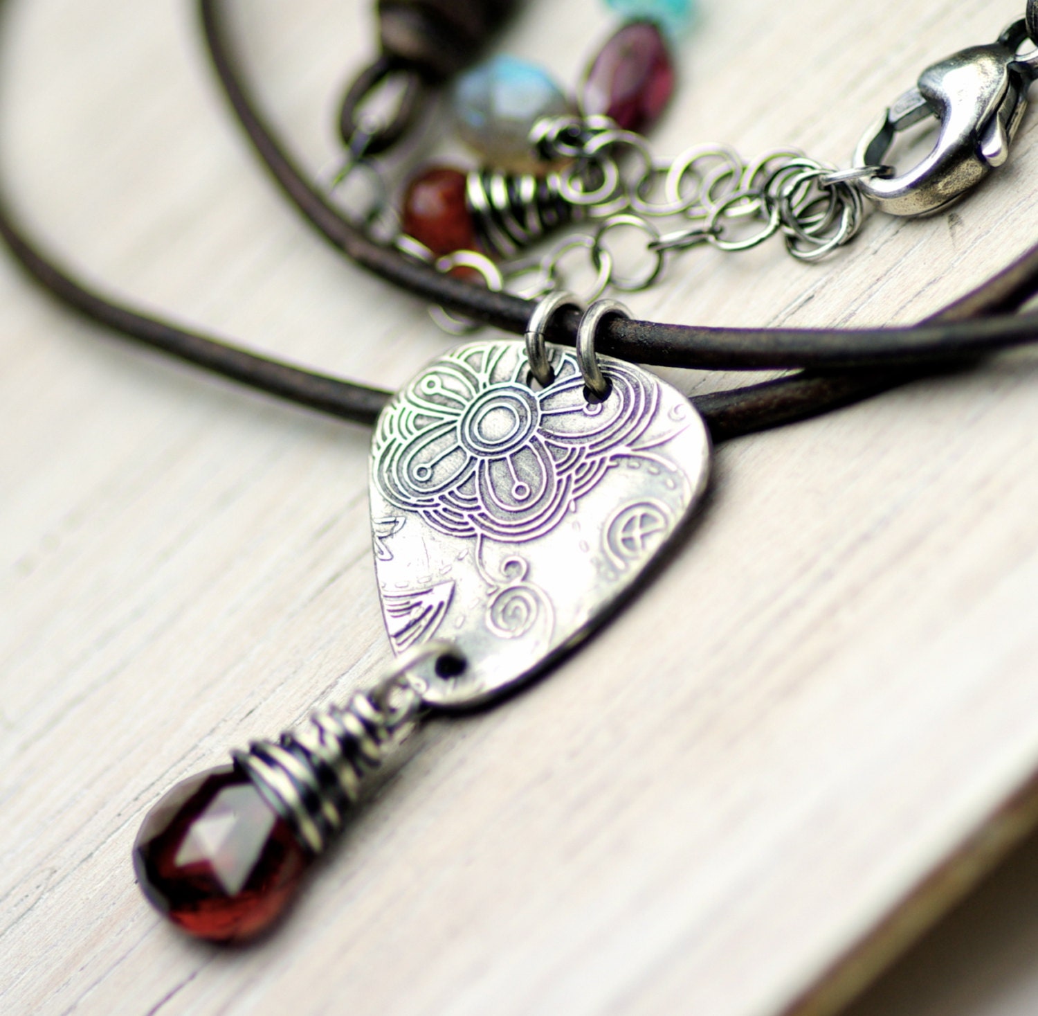 Rustic Garnet Leather Necklace Fine Silver and Garnet Gemstone Necklace January Birthstone