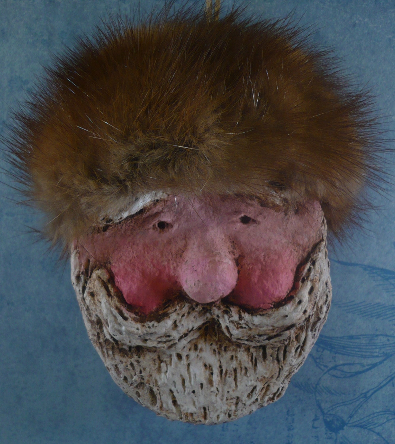 Folk Art Russian Santa Claus Ornament, HANDMADE from papier mache, OOAK, fur hat, Santa Ornament