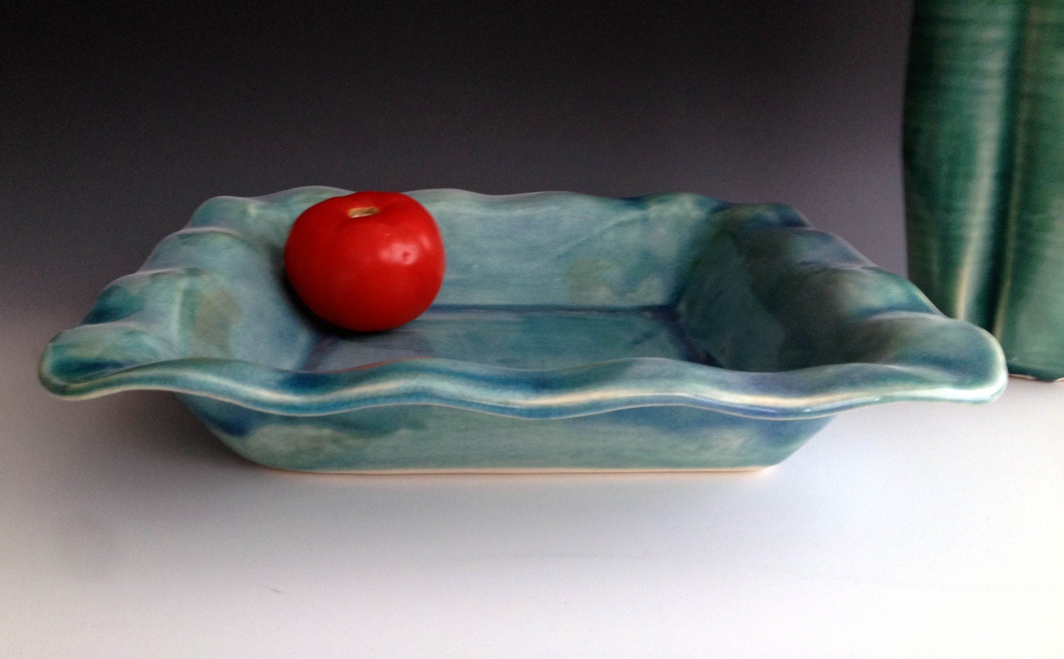Handmade Scalloped Square Serving Bowl, Aqua blue.