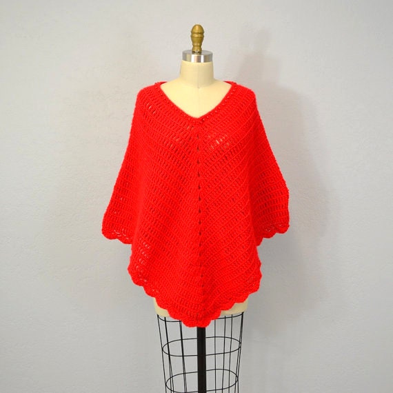 Vintage crochet cape / bright red shawl / beaded