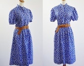 Vintage Polka Dot Dress -- Silk Dress -- Blue and White 80s Dress -- Medium Large