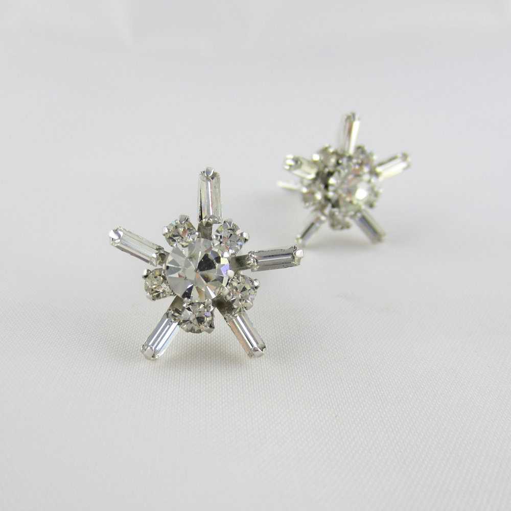 Vintage Clip on Earrings. Star Shape Rhinestone Earrings with Round and Baguettes, Circa 1950s.