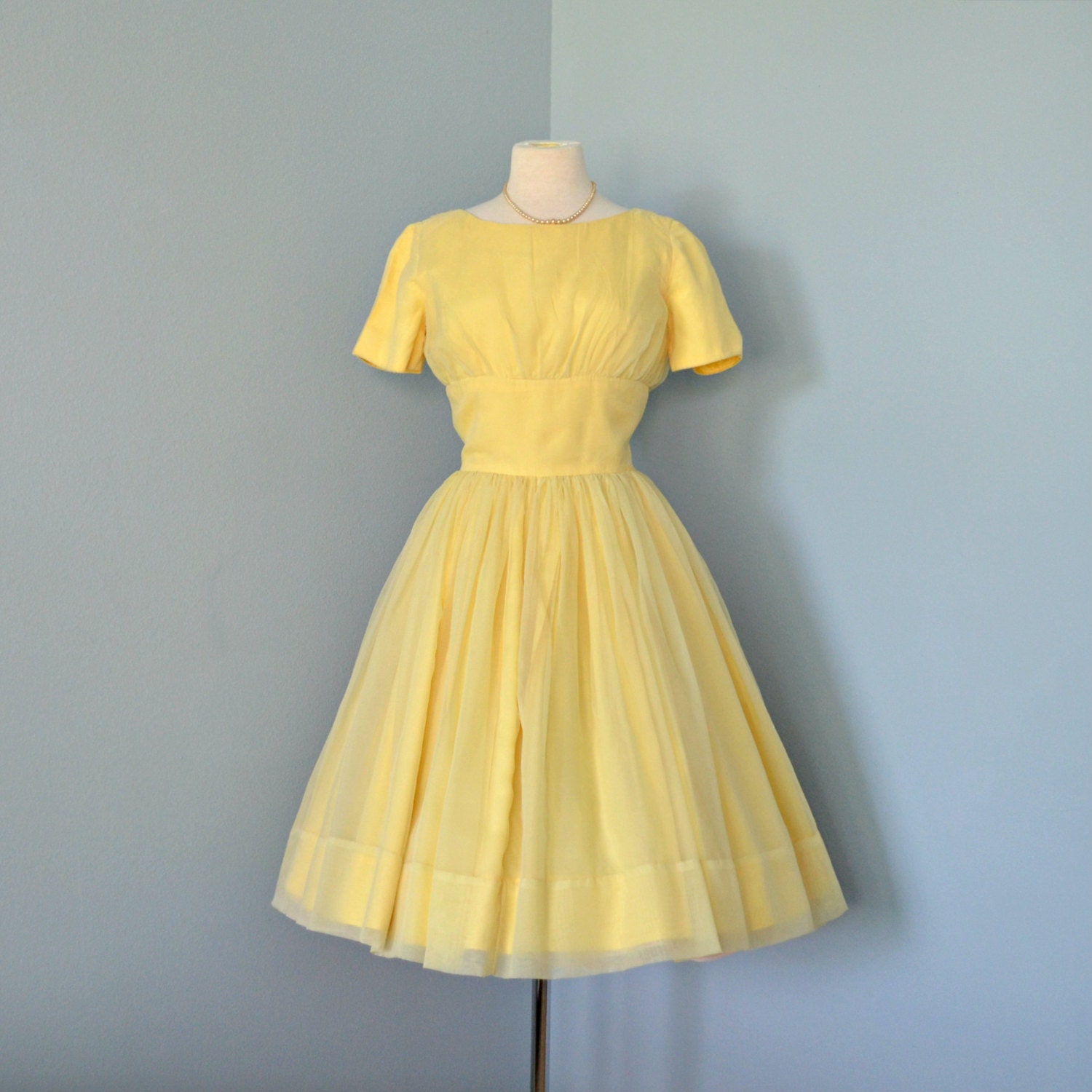 Vintage Pastel Wedding Dress...Cheerful Canary Yellow Chiffon Party Dress Mad Men Prom Bridesmaid Small
