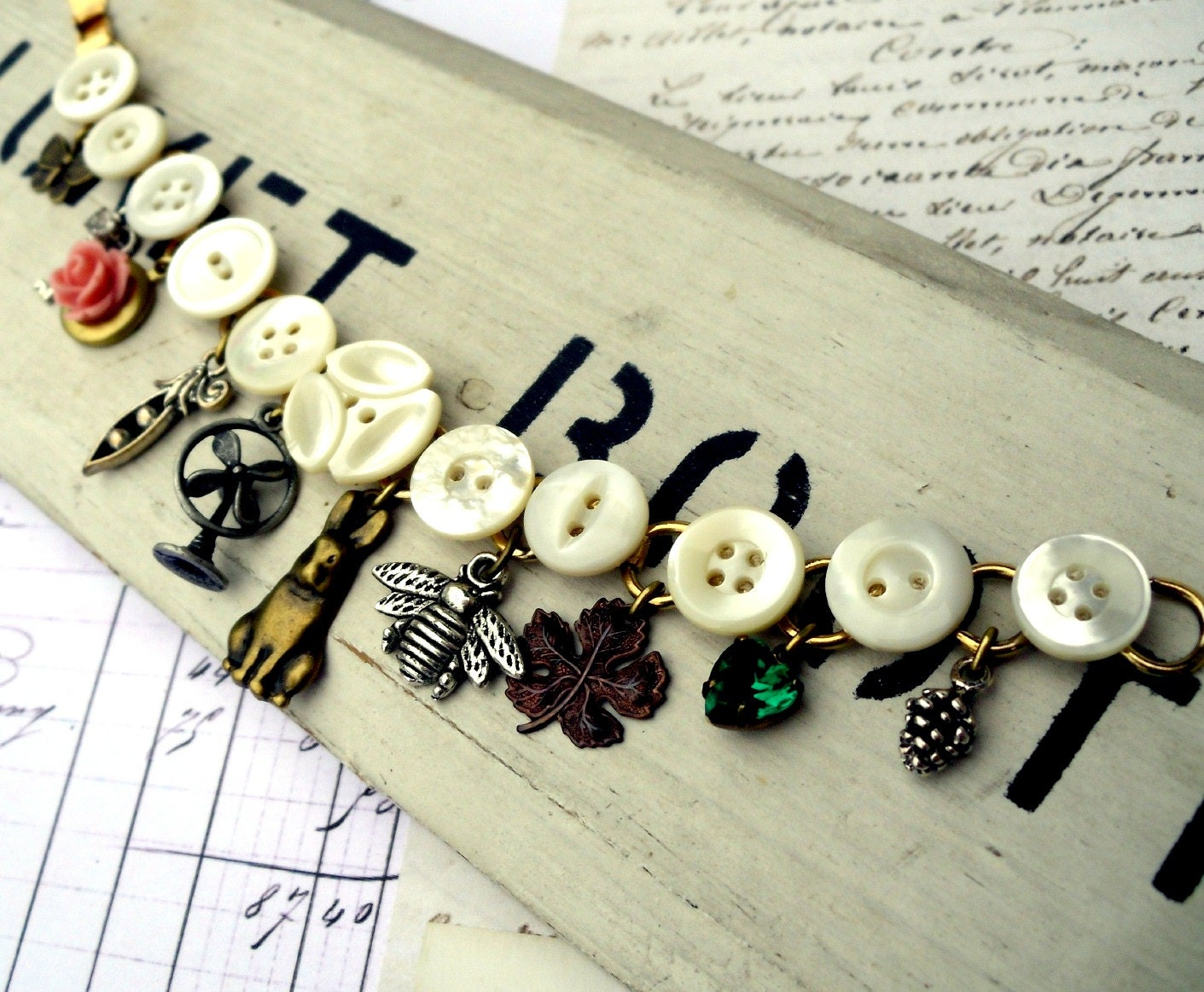 Button Charmer Vintage Mother of Pearl Button Locket Charm Bracelet