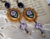 Midnight in Venice, Vintage Italian Black and Violet Purple Glass Micro Mosaic and Vintage Rhinestone Assemblage Earrings