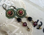 A Stitch in Time, Vintage Petite Point Embroidery, Filigree and Vintage Rhinestone Assemblage Earrings