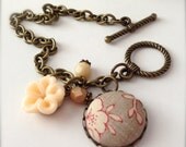Textile Charm Bracelet, Flower Cabochon, OOAK, Toggle Closure