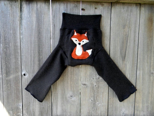 Upcycled  Merino Wool Longies Soaker Cover Diaper Cover With Added Doubler Dark Brown With Fox Applique MEDIUM 6-12M Kidsgogreen