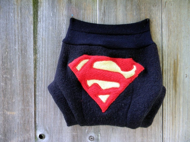 Upcycled Wool Soaker Cover Diaper Cover With Added Doubler Navy Blue With Superman Applique MEDIUM 6-12M  Kidsgogreen