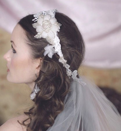 EDEN CROWN Ivory Lace Beaded and Tulle Veil Headband