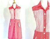 1970s Rockabilly Red  Dress / plaid dress / 70s shirtdress / shirt dress / two tone dress / shift dress / womens western / small medium
