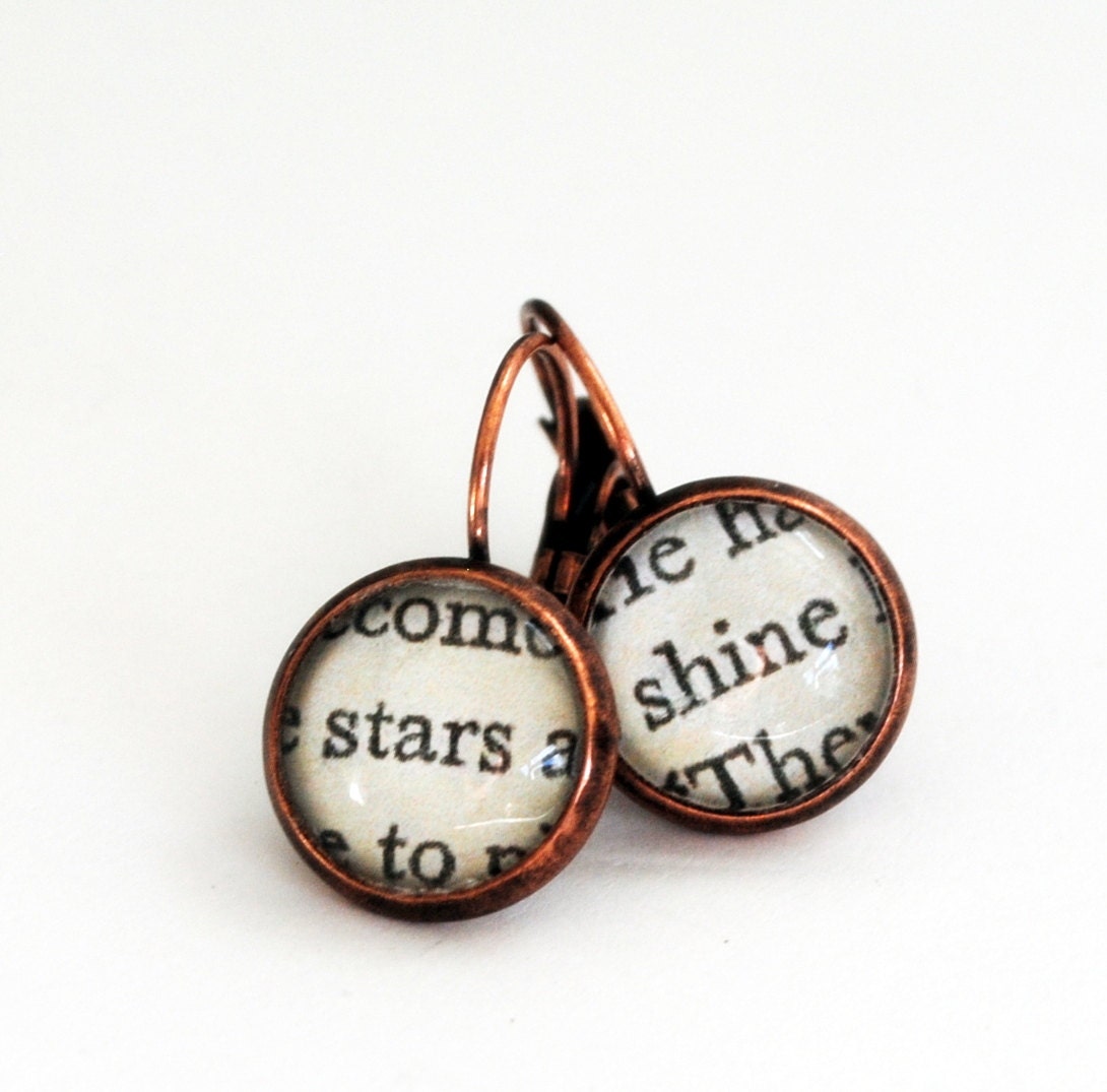 Secret Garden Earrings Vintage Book Paper Words 'Stars Shine'