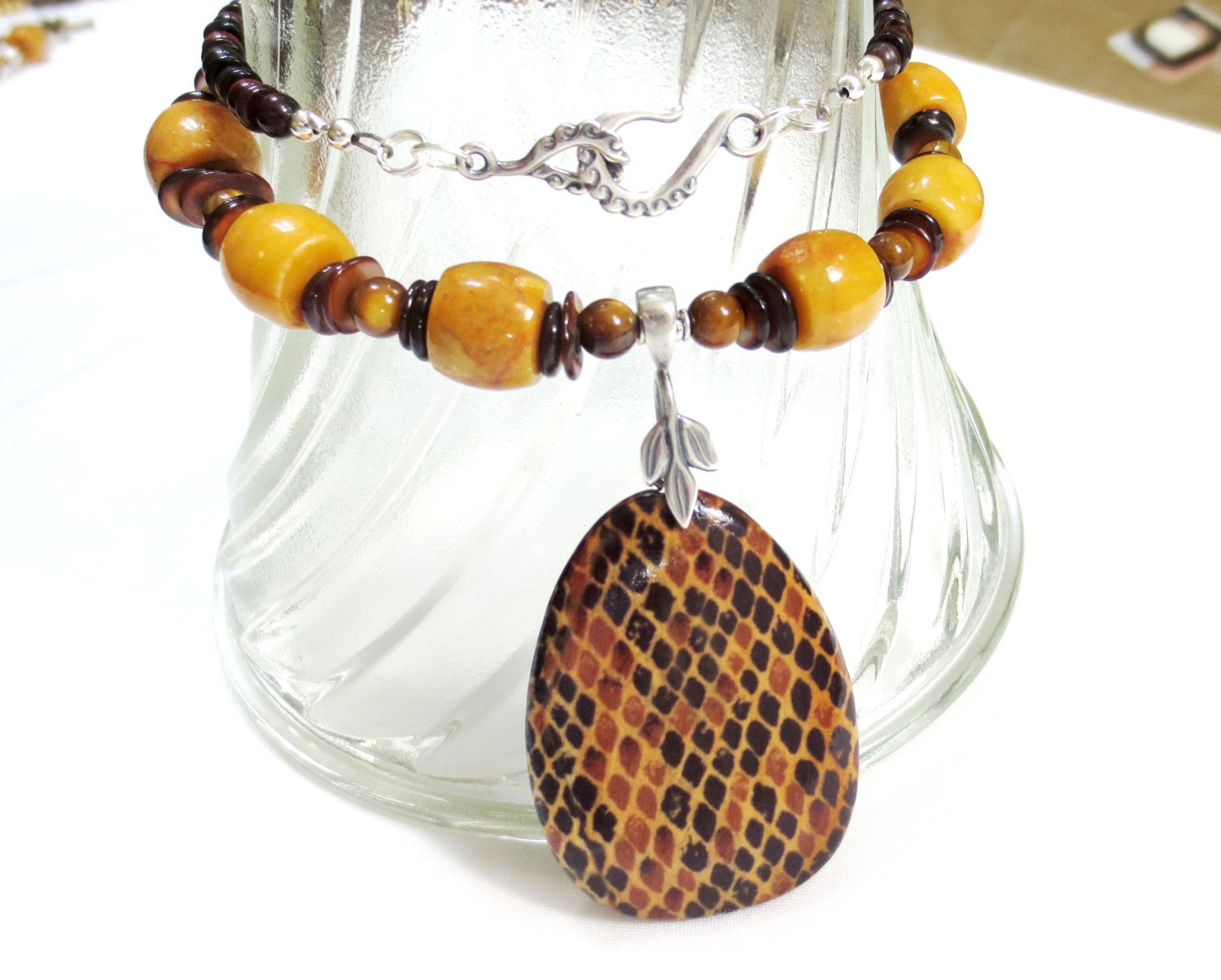 Yellow Jasper Necklace, Reddish Brown, Picasso Jasper, Golden Brown, Shell Beads, Silver Leaf Bail, Unisex Necklace, Rustic Gemstone