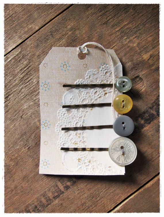 Vintage Button Bobby Pins, Retro Spring Fashion, Hair Pin Set, Gray, Lemon, Granny Chic Hair Accessories for Her, Eco Friendly - beevintageredux