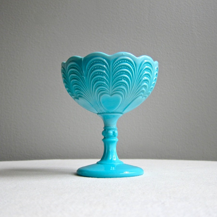 Blue Milk Glass Sherbet Dish with Hearts, 20th century Berry Dish