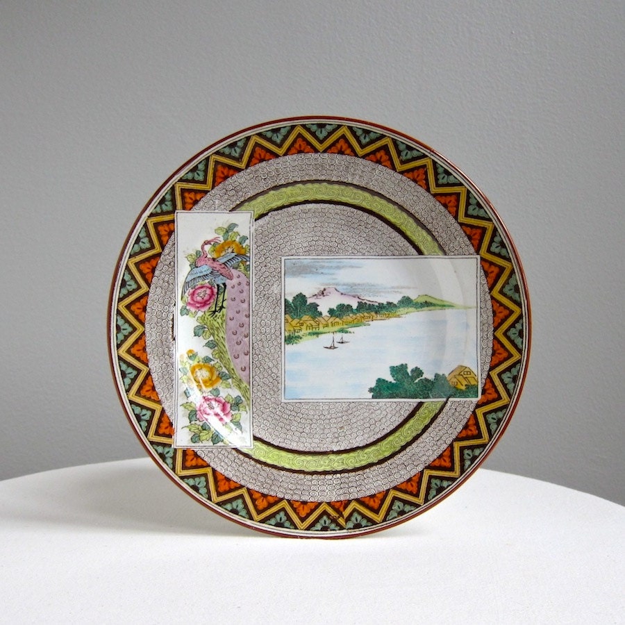 Wedgwood Japanese Landscape and Peacock Polychrome Transferware Dinner Plate - English c 1900