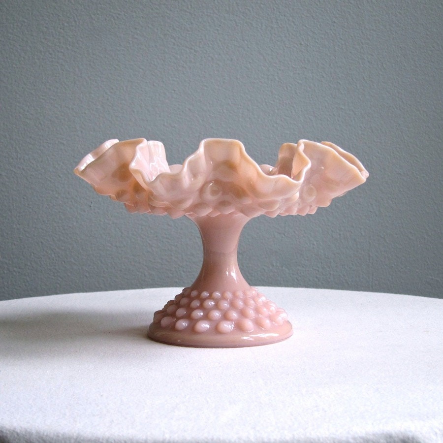 Pink Hobnail Milk Glass Footed Compote by Fenton, 1950s Rose Pastel