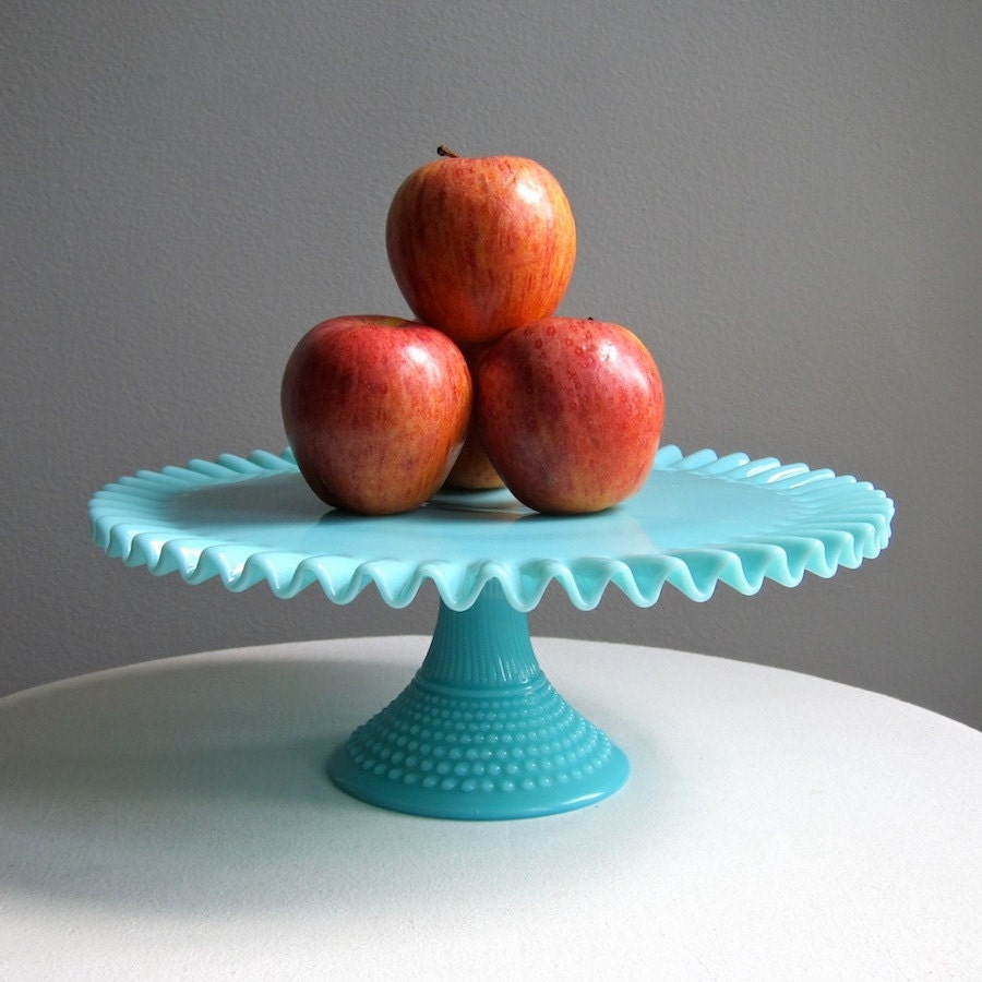 Fenton Turquoise Blue Hobnail Milk Glass Cake Stand, 1950s Wedding Cake Plate