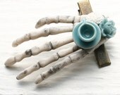 Skeleton Hand Hair Clip - Blue Tea Cup with White and Blue Flowers