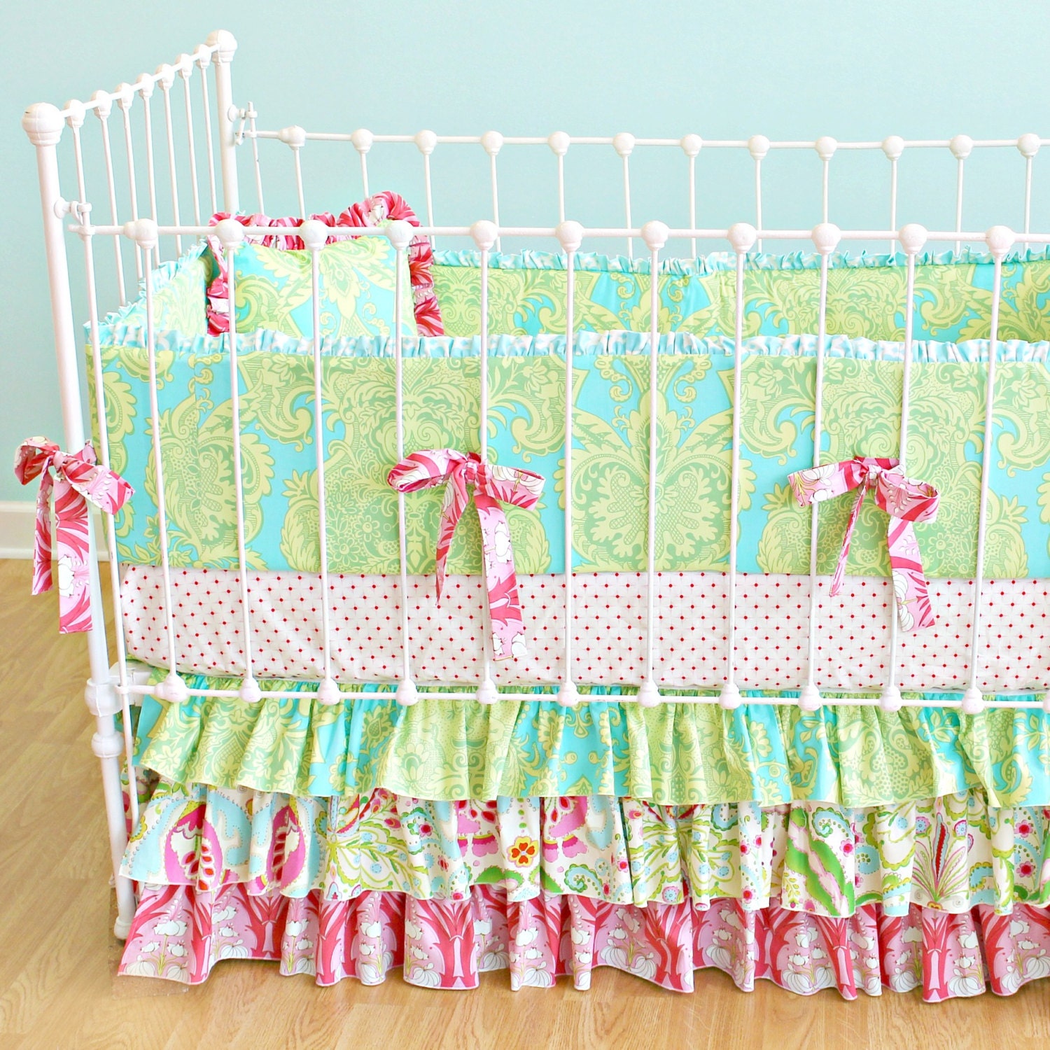 Custom Ruffle Crib Bedding - "Whimsical Garden" design