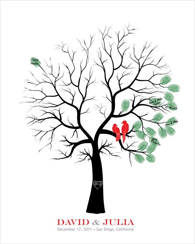 Wedding Guest Book Alternative Tree with Love Birds, Wedding Fingerprint Signature Tree, Personalized in red black, guestbook tree,16x20