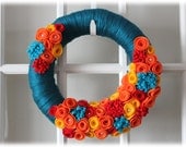 Spring Summer Mothers Day Yarn Wreath Teal Orange Yellow Red Teal Home Decor - Made to Order - TheLandofCraft
