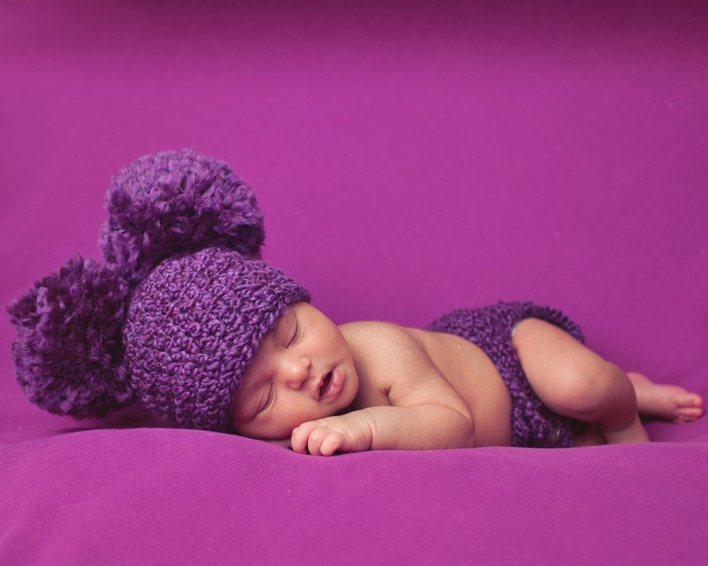 Crocheted Baby Pom Pom Hat and Diaper Cover Set, Choose Any Color, Photography Prop