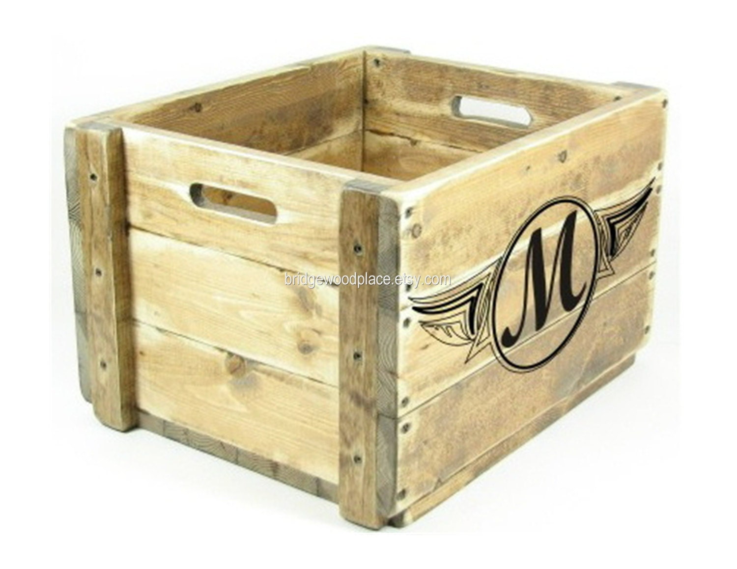 Monogrammed Wood Crate Personalized Wooden Box with Custom Wood Burned Monogram Design
