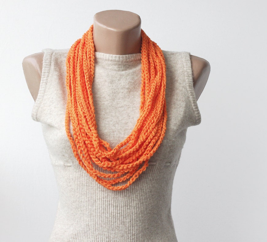 Neon orange scarf - infinity scarf - skinny vegan scarf - crochet summer scarf