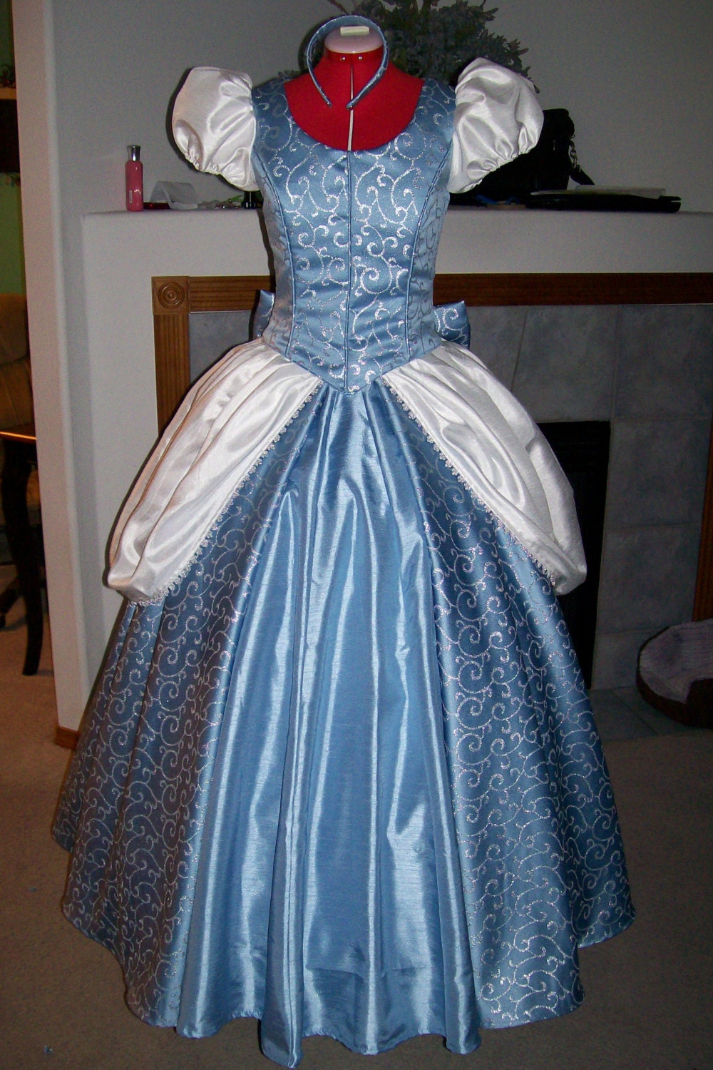 Stunning Cinderella Gown dress blue and silver swirl with white dupioni Custom Adult Size 2 4 6 8 10 12 14