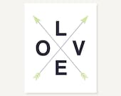 Typographic Print Artwork - Love w Crossed Arrows - black green grey - digital print giclee home decor poster - 8x10 by ColorBee