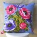 BLUE POPPIES Vintage Irish  Linen Tea Towel Cushion Cover Upcycled Repurposed Spring Flowers Pillow Cushion