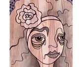 Outsider art  whimsical girl woman face long hair cartoon illustration . DOWNLOADABLE original art. PDF download printable.
