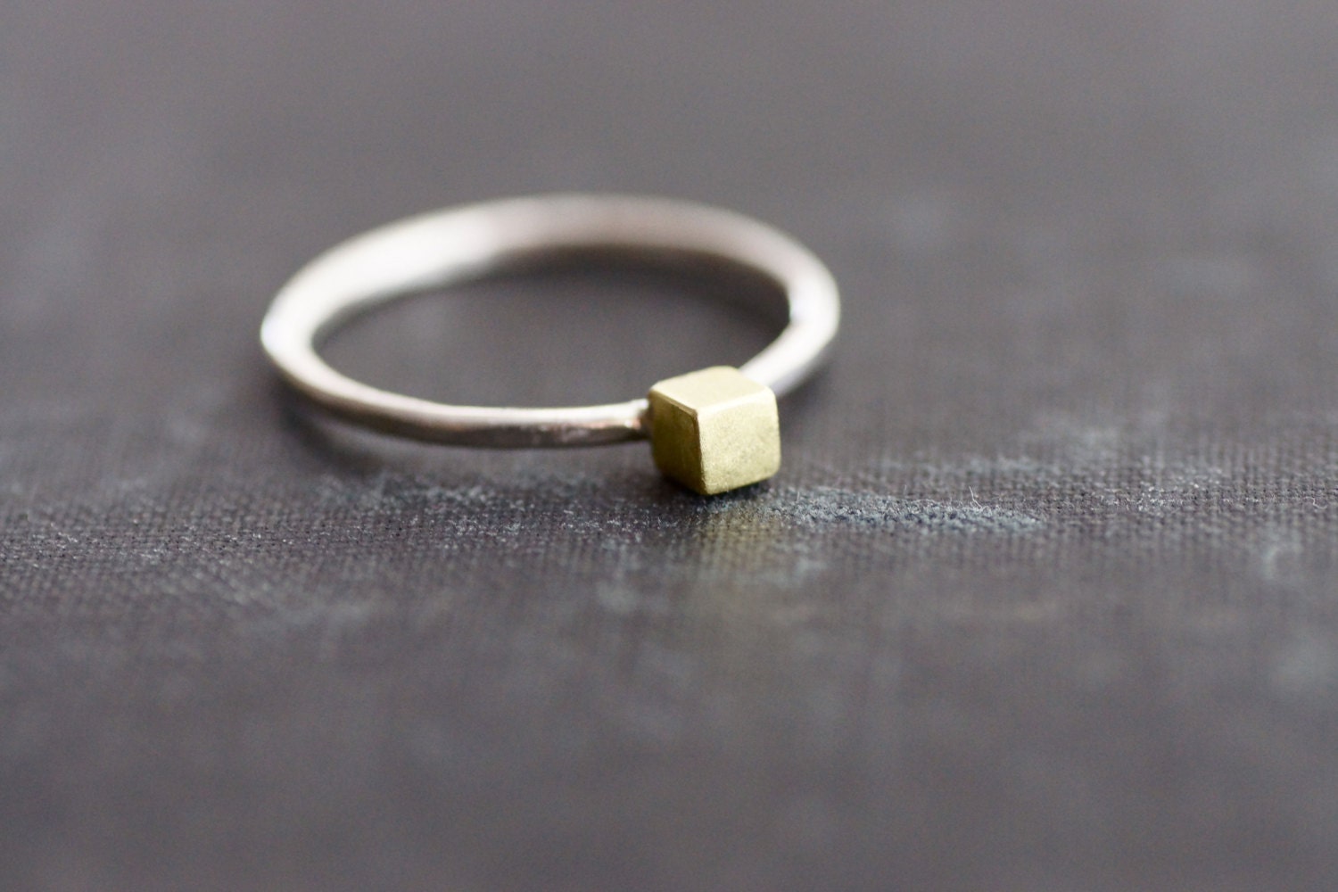 Brass Cube on Sterling Hammered Band - Ring Made to Order