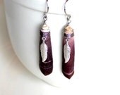 tribal earrings.  handmade sterling wire wrapped sea urchin coral sticks FREE SHIPPING feathers and urchins. nautical jewelry
