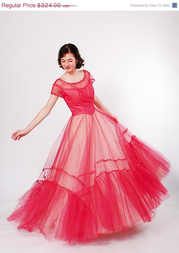 20% OFF - 60s Tulle Dress - 1960s Prom Dress - Raspberry & Ivory