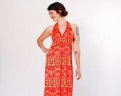 20% OFF - 70s Halter Dress - 1970s Dress - Tangerine Tribal Print