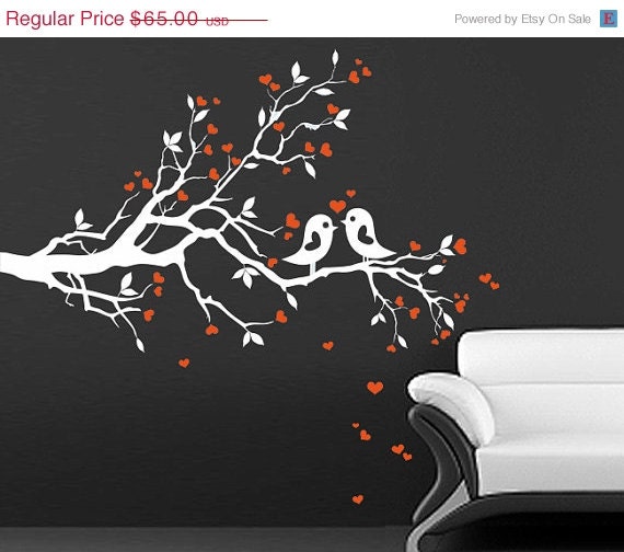 SALE 10% OFF Birds on Branch Hearts      Wall Decal    LARGE