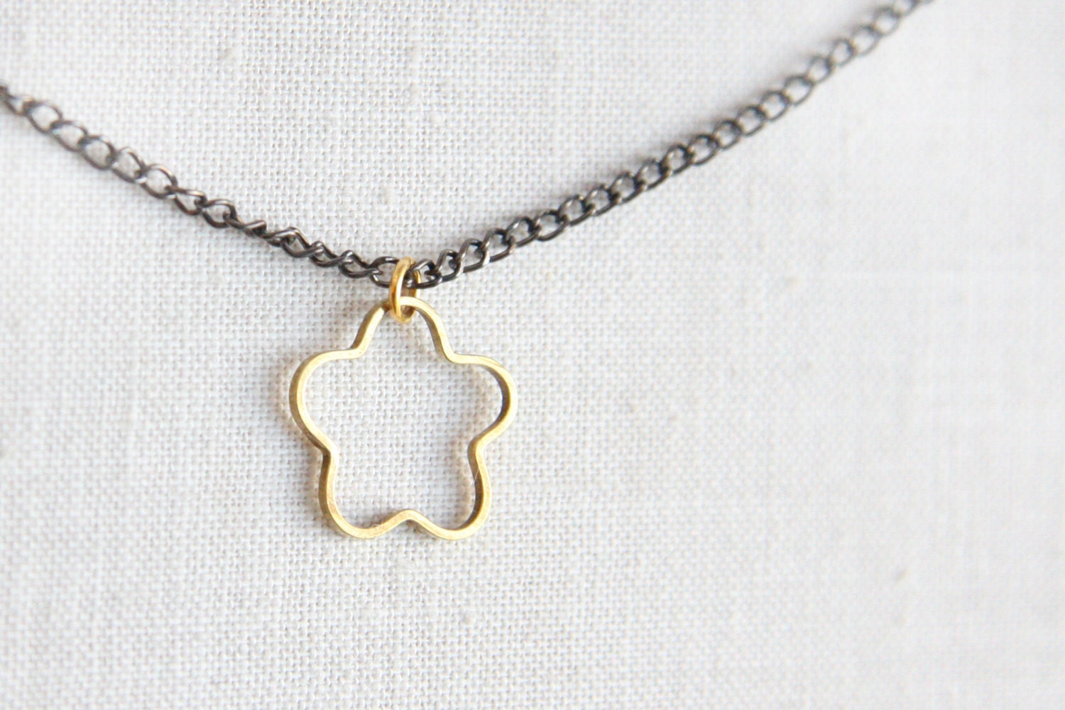 on Vacation / Solid Brass Flower Pendant, Modern Geometric Necklace, Minimalist Mixed Metal Jewelry, Vintage Gunmetal Necklace