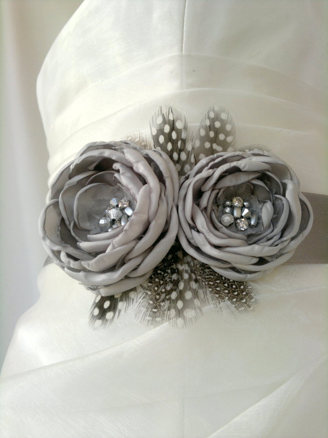 Handcraft Grey Two Flowers With Feathers Wedding Bridal Sash Belt