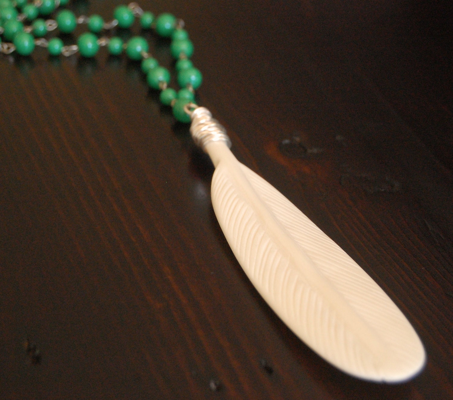 Long Feather Necklace, Vintage Necklace, Green Bead Necklace, Native American Necklace, Indian Necklace, Whisper