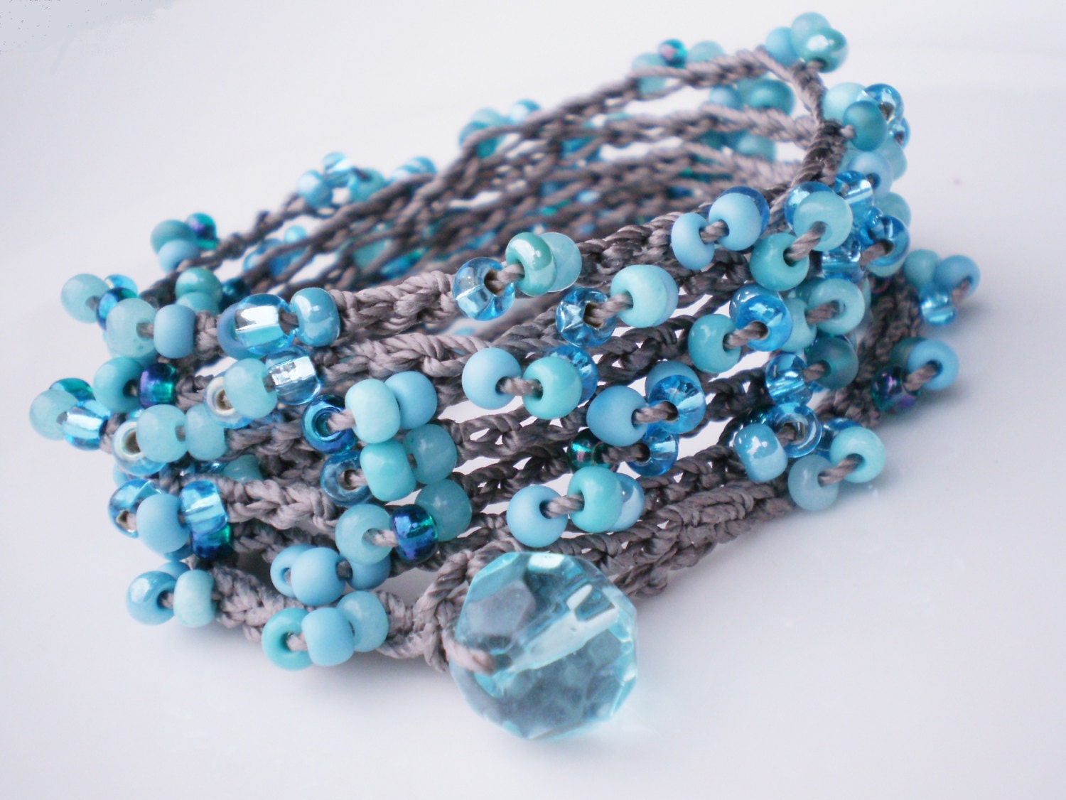Crocheted Aqua Multi Czech Glass Bracelet & Necklace 7X wrap