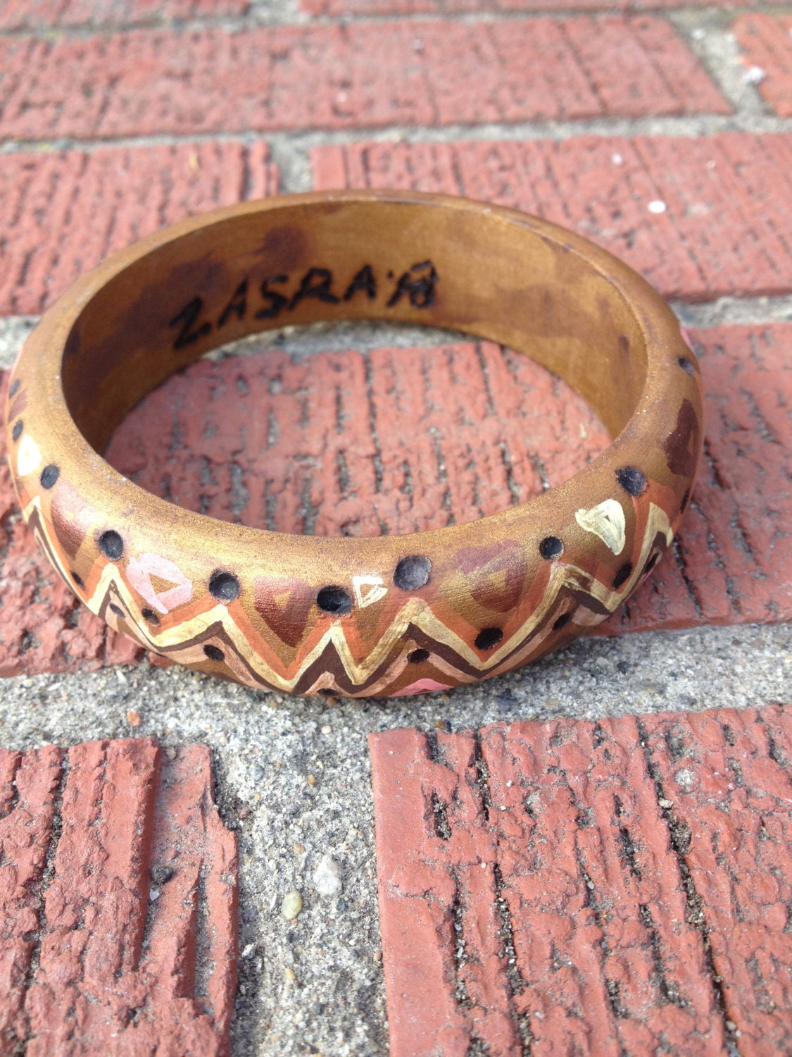 Wood Bangle bracelet, jewelry,  hand painted,earthy colors, neutral, abstract zigzag design by Zasra