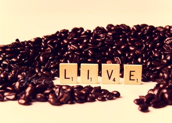 Coffee Shop Art, Fine Art Photography Print, Scrabble Art Photo, Vintage Styled Dark Roast Beans, Say It With Words