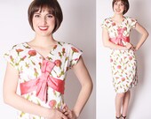Vintage Pink and White Dandelion Wiggle Cocktail Dress with Oragami Oversized Bow / 50s Cocktail Dress / 1950s Dresses / 2107