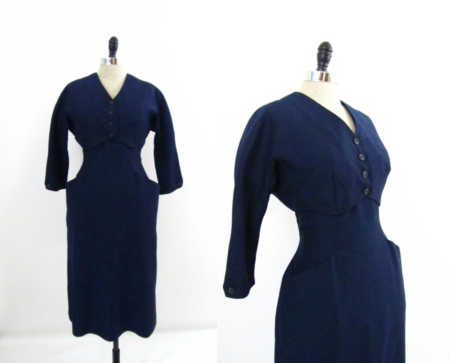 Vintage 1950s Dress Navy Blue Cocktail Dress & Jacket S M