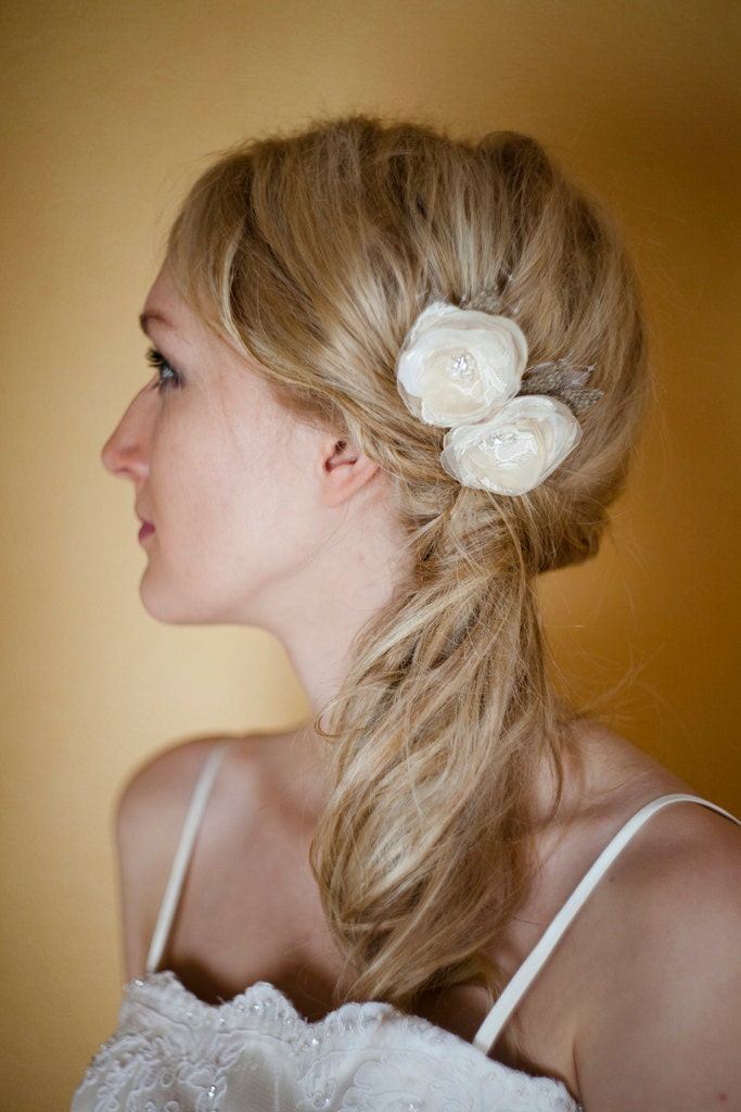 Lace wedding hairpiece accessories, Burlap Wedding, Bridal hair flower, vintage rustic, Ivory Beige Nude Cream, set 2 Double, bridesmaids