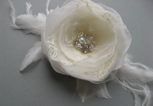 Bridal Hair accessory flower wedding Ivory feather Hairpiece clip lace rhinestone crystal pearls centerpiece  bridal accessory