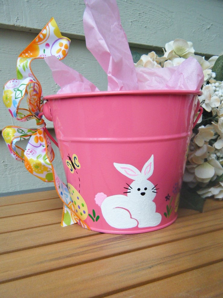 Personalized Easter Bucket - Easter Rabbit with Easter Eggs - Handpainted - OOAK